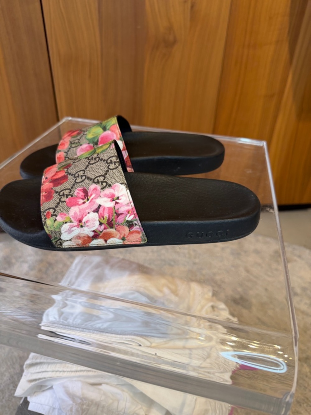 Gucci Floral Monogram Slide Sandals in Black with Pink and Green Accents - Picture 10 of 12
